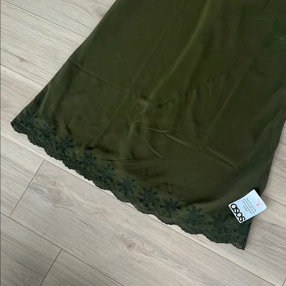 ASOS DESIGN embroidered cuff and hem maxi dress in khaki - Picture 6 of 15